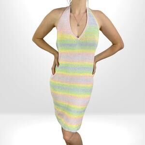 WHISKEY KISS BOUTIQUE Pastel Rainbow Knit Halter Bodycon Dress